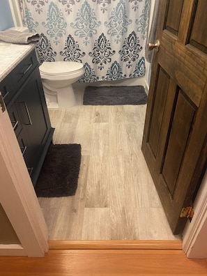 Renovated main bathroom with wood look tile floor, new tub/shower and vanity.