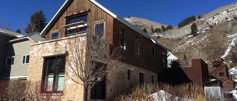 Winter view of house. Elk often graze on mountain behind house.