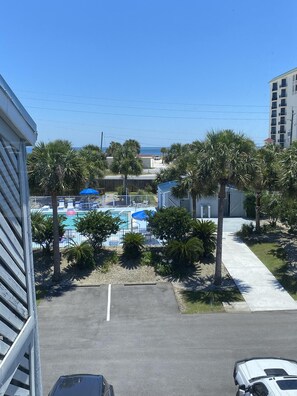 View of the pool from the kitchen