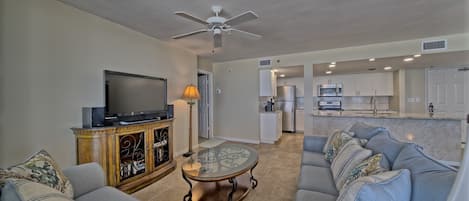 Main living area with upscale furnishings.  TV mounted, wifi, cable, open living
