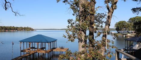 View overlooking the lake and boat dock.