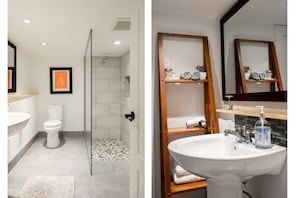 Bathroom private to guest, with walk in shower, hairdryer, towels, soap, shampoo
