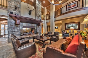 Relaxing lobby with oversized fireplace