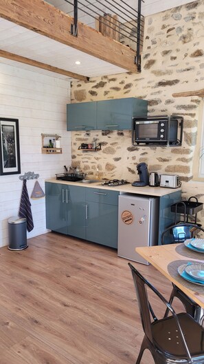  micro-onde, four, 2 plaques gaz, frigo, cafetière, bouillard, grille pain.