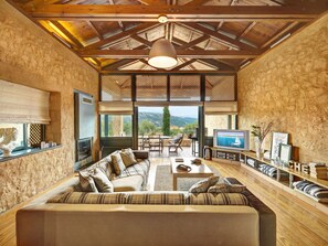 Living room with 5m cathedral ceiling