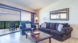 Two sofas by the sliding glass door