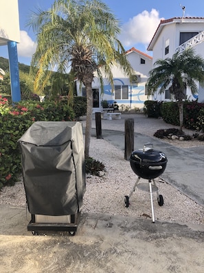 Propane infrared grill and a charcoal 
Weber grill