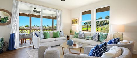 Living room with golf course views