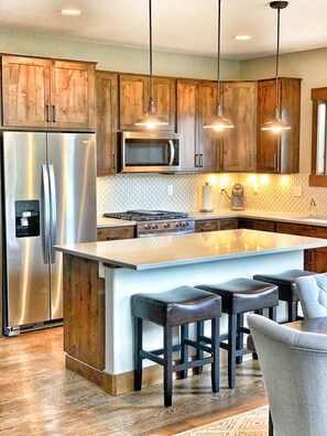 Kitchen with quartz counters & new everything - appliances, tableware, cookware!