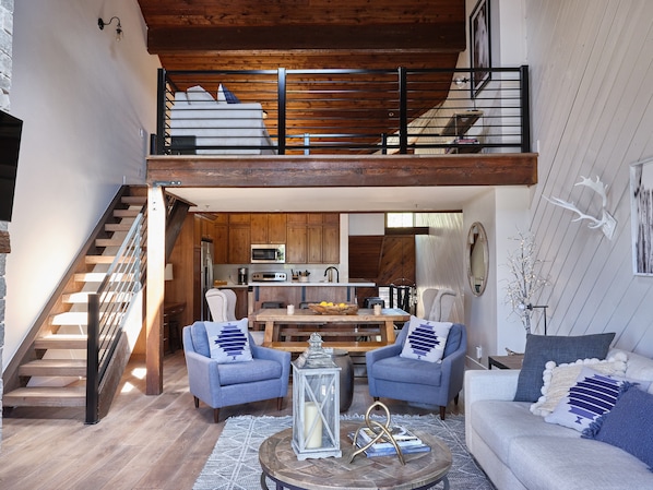 View of the main living area inside from the upstairs patio.