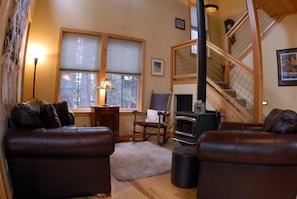 Downstairs living area with wood stove