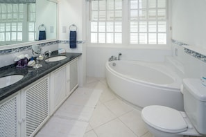 En suite master bathroom with a double vanity, tub, and shower