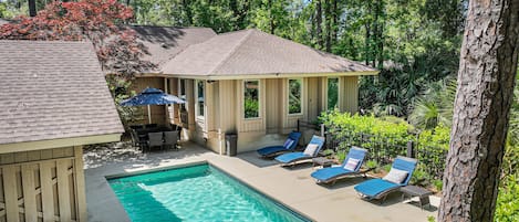 Overhead view of the pool and patio. Approximate pool size: 26ft x 12ft. Can heat for additional fee.