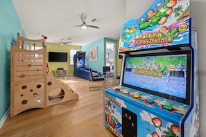 Loft w/ Shuffleboard Table, Game Console & Mini Jungle Gym