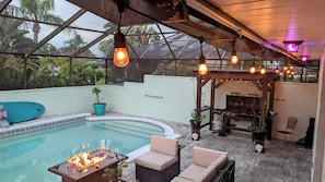 Patio pool, furniture, fire pit, new bbq grill (gas/charcoal) under pergola