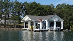 2,250 sq ft dock with plenty of seating with wide views of the lake and mountain