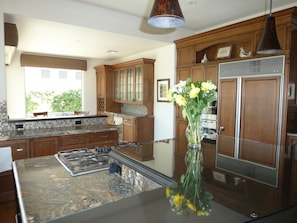 Kitchen area with Dacor cooktop on large island and subzero fridge showing