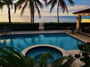 Spectacular views of the ocean and beach from the pool area framed by palm trees