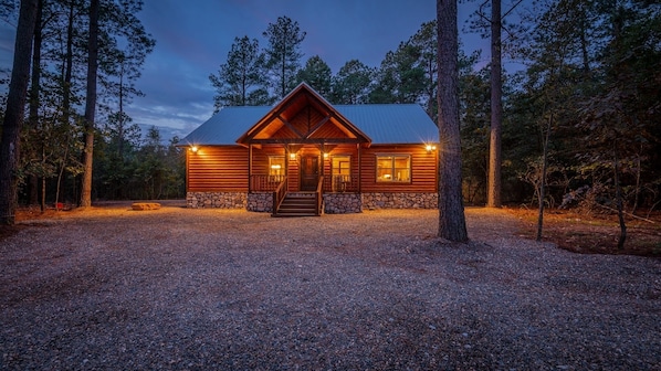Cabin Front - Circle Drive, Tall Pine Trees