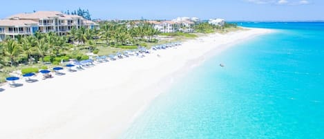 Aerial view of Grace Bay beach and the Villa Renaissancde