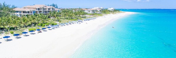 Aerial view of Grace Bay beach and the Villa Renaissancde