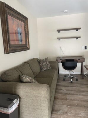 Couch and desk area.