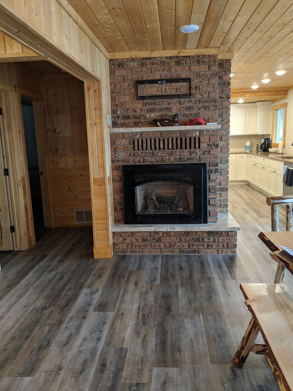 Fire place by kitchen