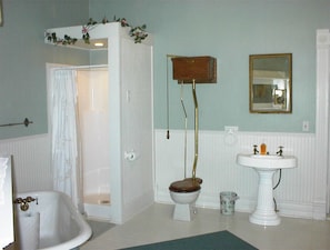 Huge Bath with Fireplace, Deep Soaking Clawfoot Tub and Separate Walk in Shower!