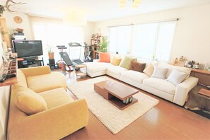 Living room with surround sound system.