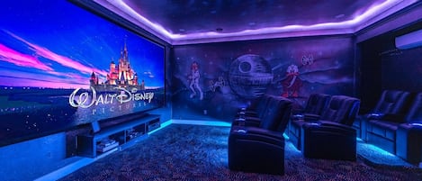 Amazing star wars theater room with 150' screen and video simulator game