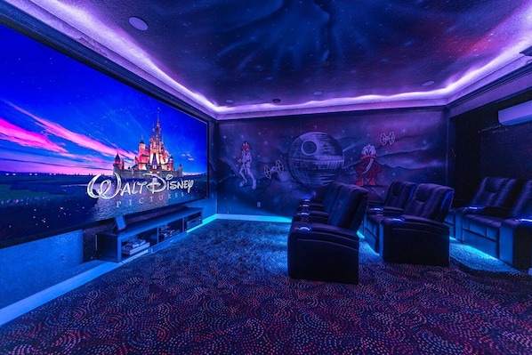 Amazing star wars theater room with 150' screen and video simulator game