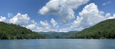 View of Lake Nantahala from a rental boat.  Cabin .5 miles from boat ramp.  