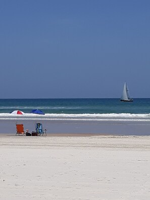 Beach front, white sand, wide beach, all right outside the condo.