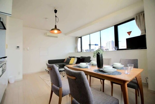 Beautiful living room with large long windows