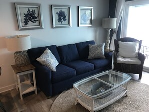 Main living area with queen sleeper sofa
