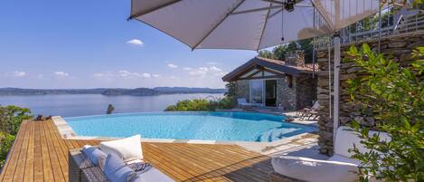 The beautiful infinity pool with lake view