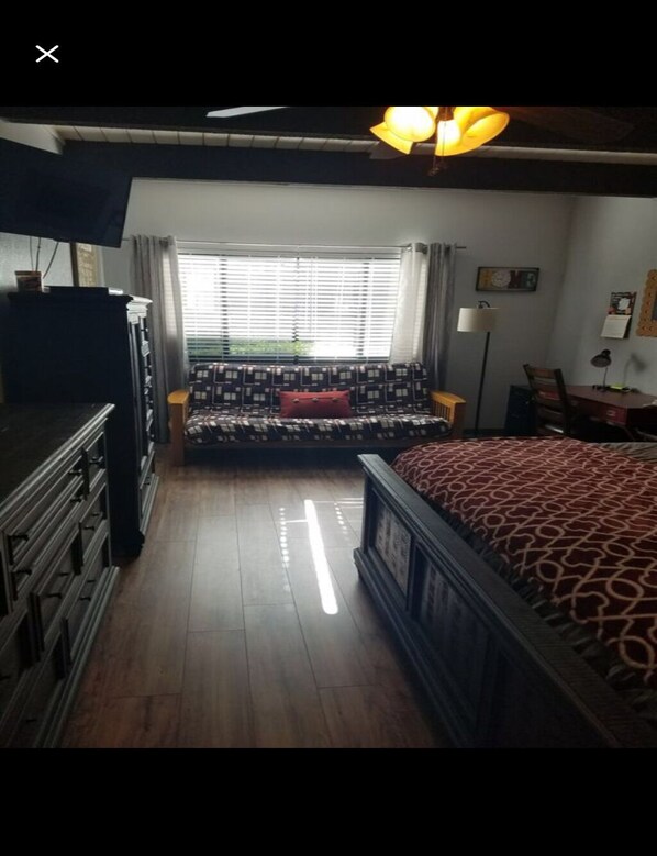 large Master bedroom with king bed, futon and a desk.