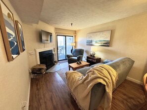 Living room with wood fireplace