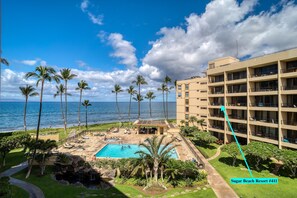 Here's our corner unit with slider facing pool and windows facing the ocean