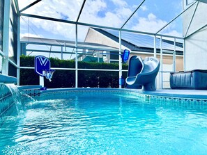 Private Outdoor Pool with your entertaining waterfalls and eclectic lighting.