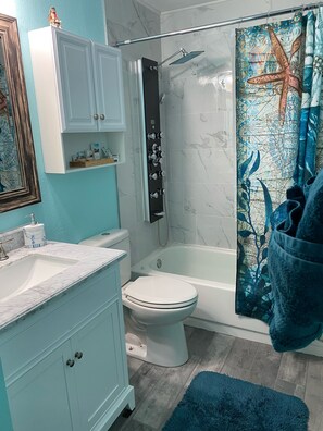 Remodeled bathroom with water temperature gauge and body sprays.