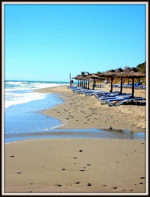 Sunloungers for hire from beach churingtos (beach bars)