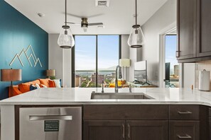 Open view from kitchen to living room