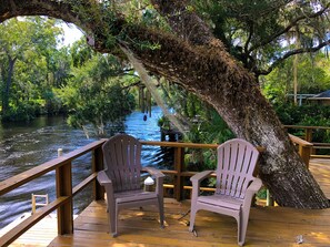 Oak tree and chairs on the deck, overlooking the river. 
