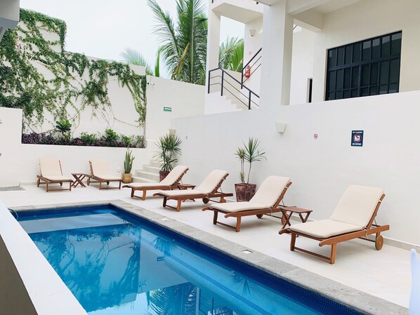 Take a dip in the saltwater pool.