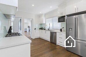 The kitchen has plenty of room for large-scale meal preparations