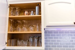 Glasses, pots, pans and cutlery.