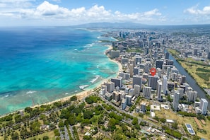 Aerial View of Waikiki & Waikiki Banyan Building 