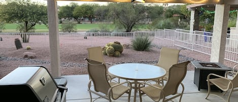 Huge 16Ft by 20Ft patio w/ dining, BBQ, Fire Table and Conversation Set