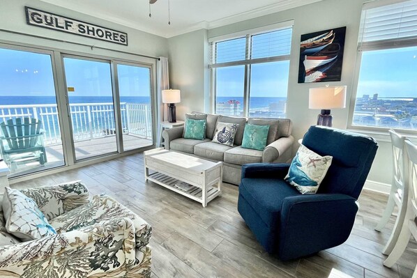 The crystal clear windows bring the outdoors in with optimal beach and sparkling gulf views.